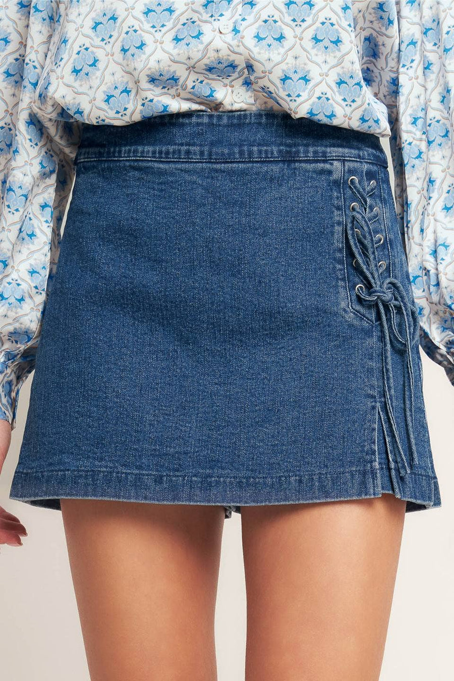 Lola Side Lace-Up Washed Denim Mini Skort