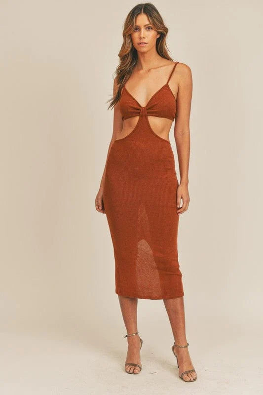 Cognac Crush Cut-Out Midi Dress – Bold, Sophisticated & Unforgettable