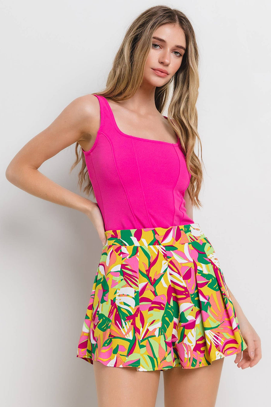 Square Neck Corset Crop Top in Fuchsia