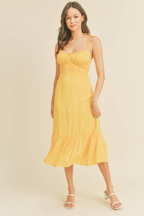 Just The Way You Are Tuscan Yellow Swiss Dot Tie Strap Midi Dress