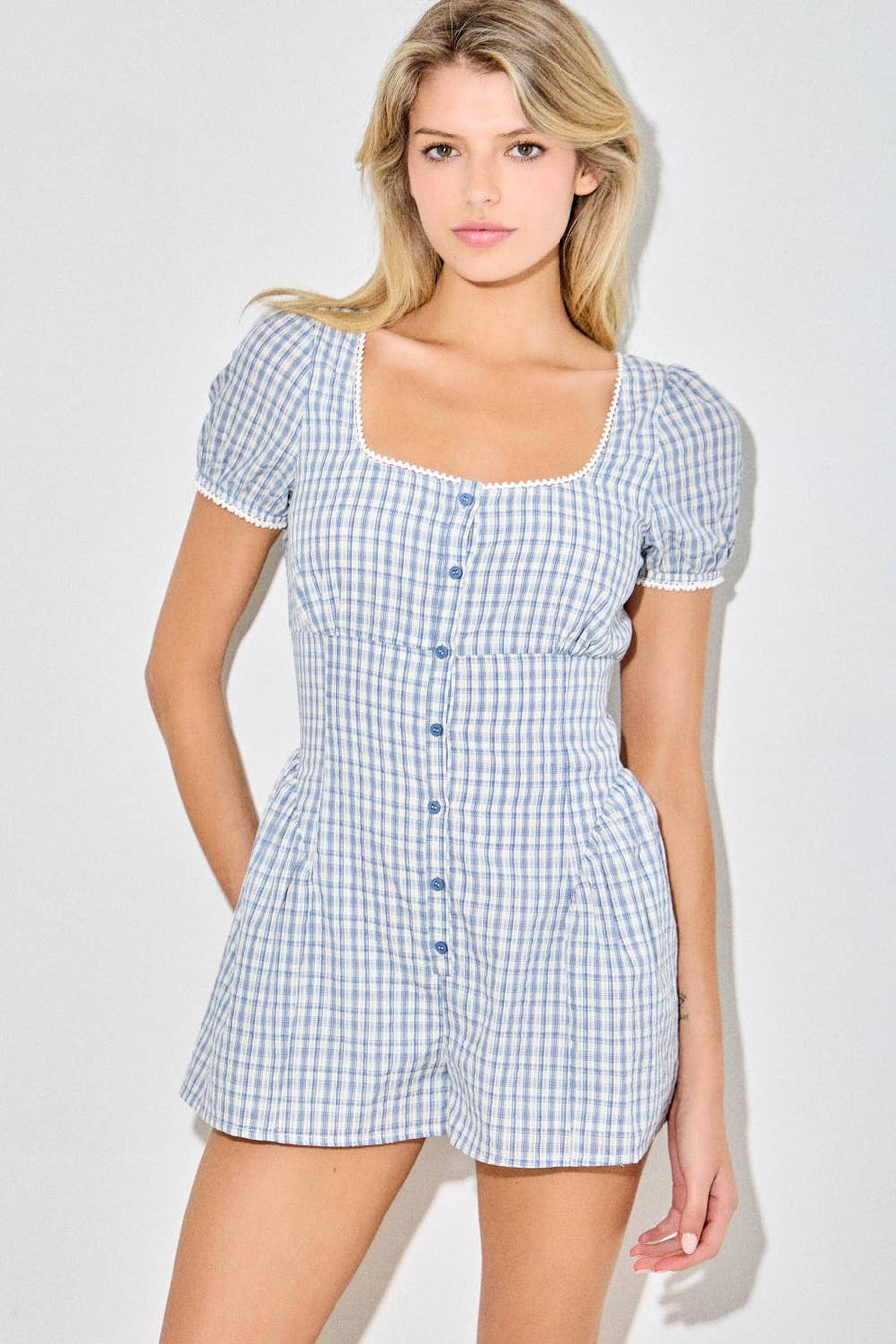 Vintage Gingham Lace Puff Sleeve Romper in Blue