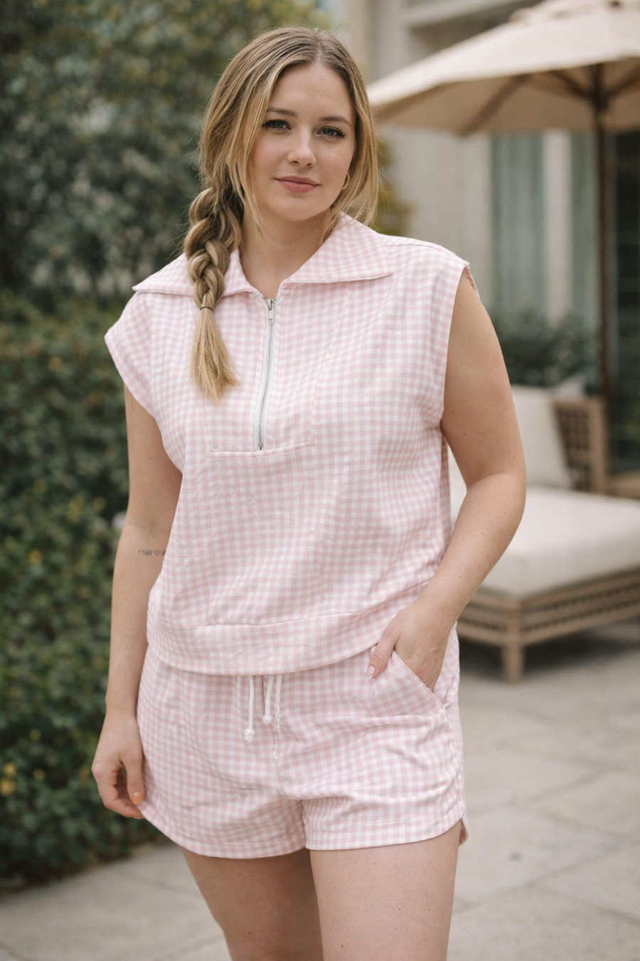 Effortless Gingham Quarter-Zip Lounge & Short Set