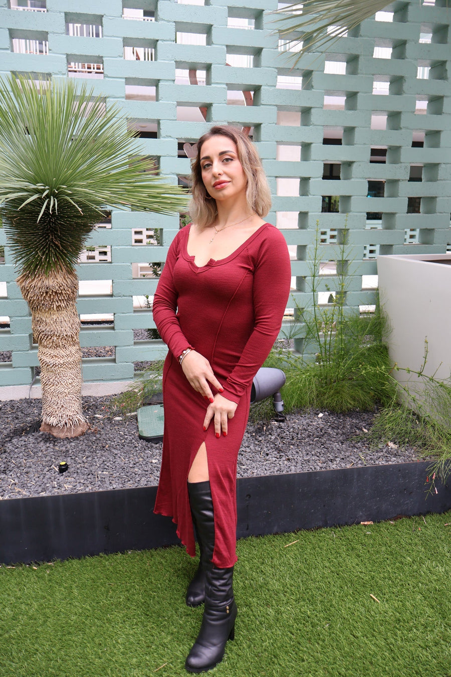 ManEater Tiny Notch Neck Maxi Dress in Burgundy