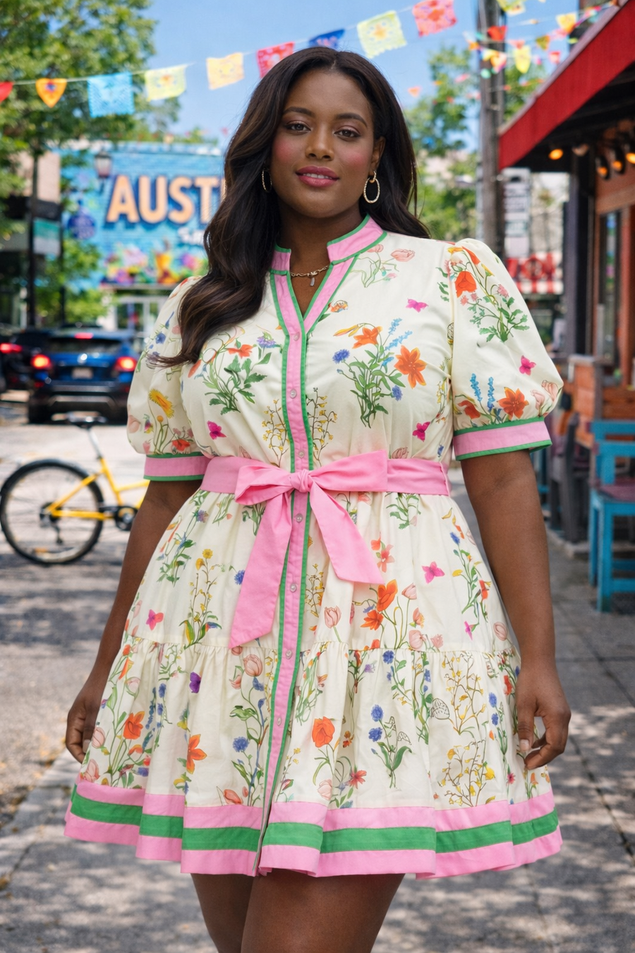 Rosalind Floral Puff Sleeve Plus Size Mini Dress with Contrast Trim