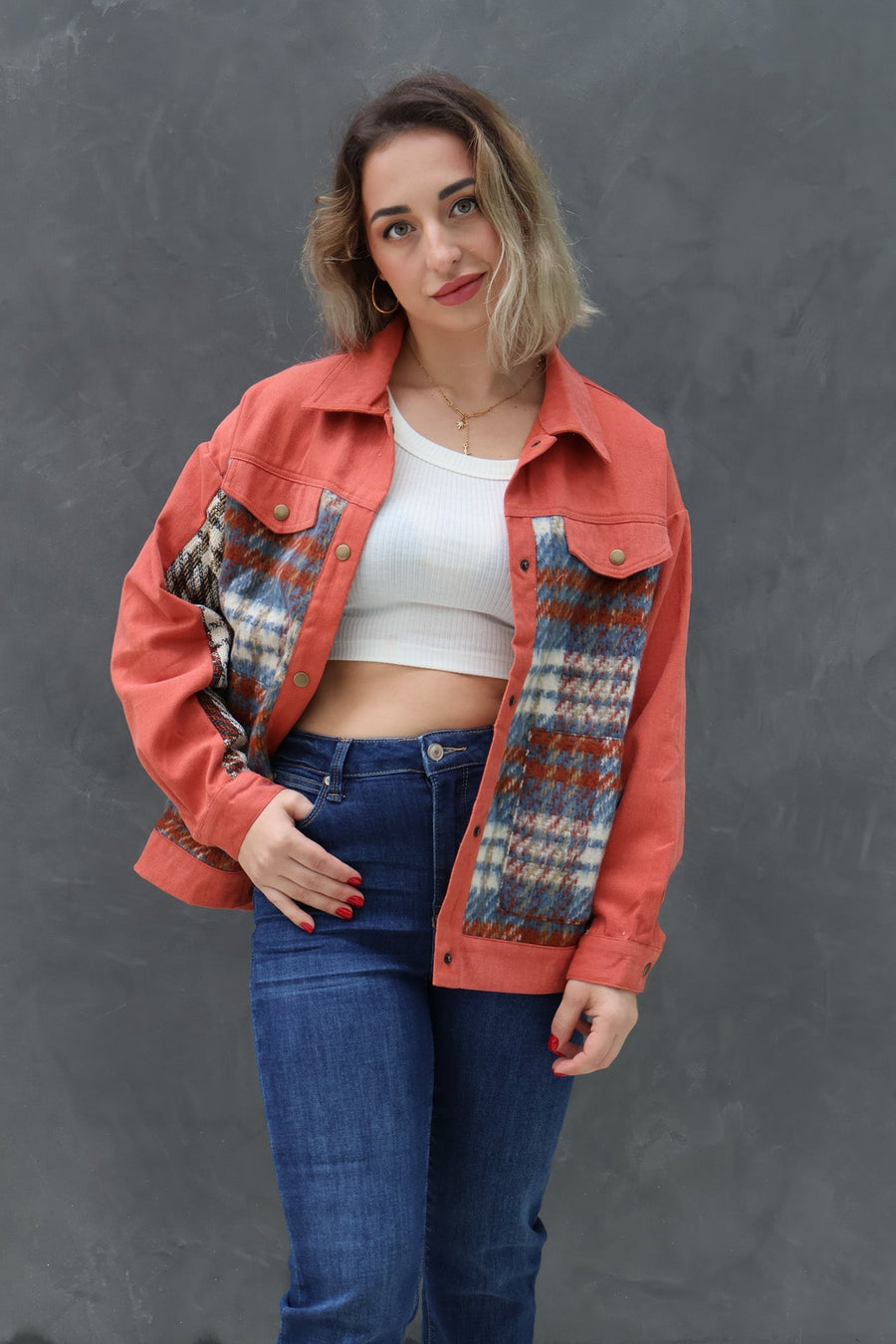 Wish List Plaid Sherpa Denim Jacket In Brick