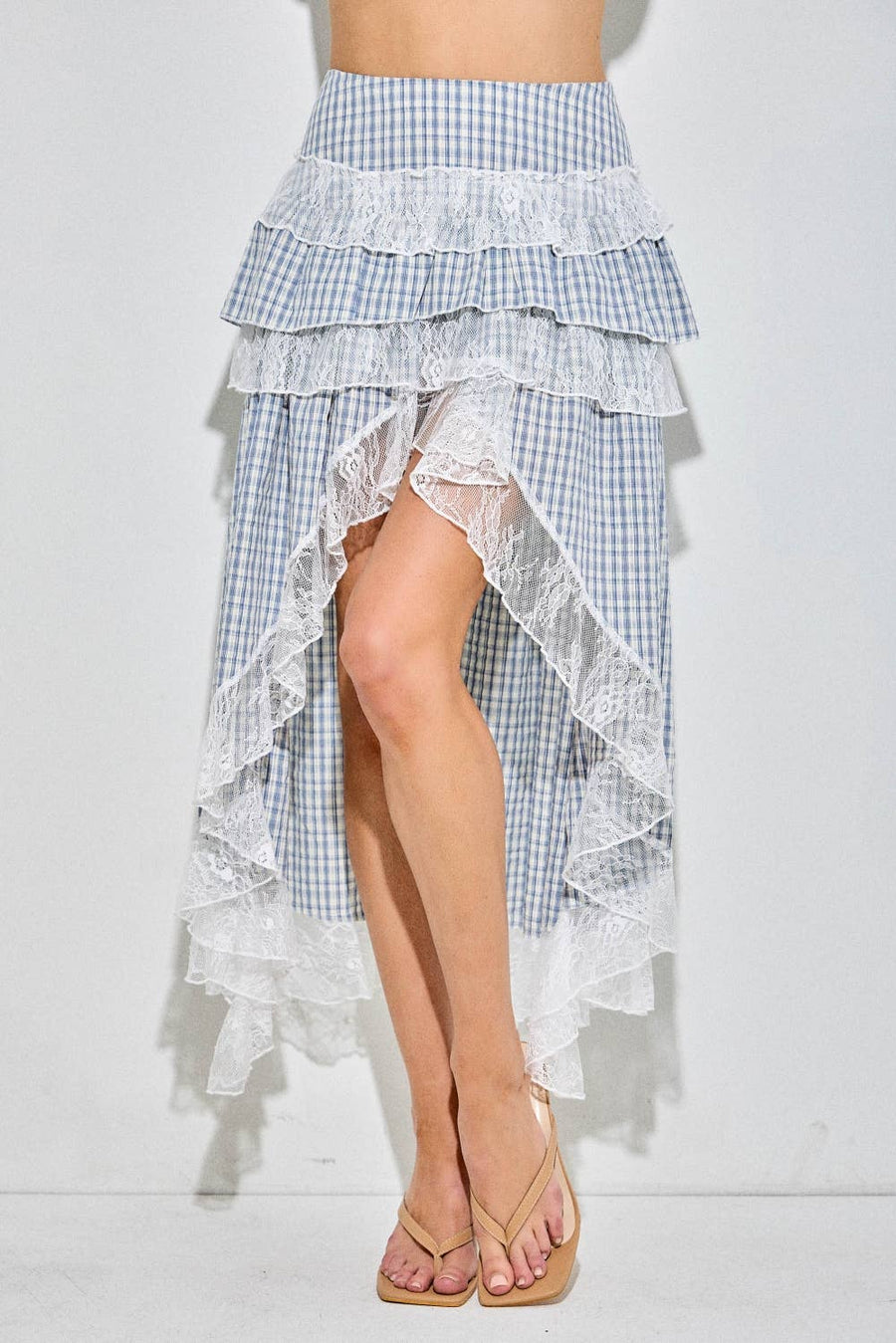 Cottagecore Blue Gingham Tiered Lace High-Low Maxi Skirt